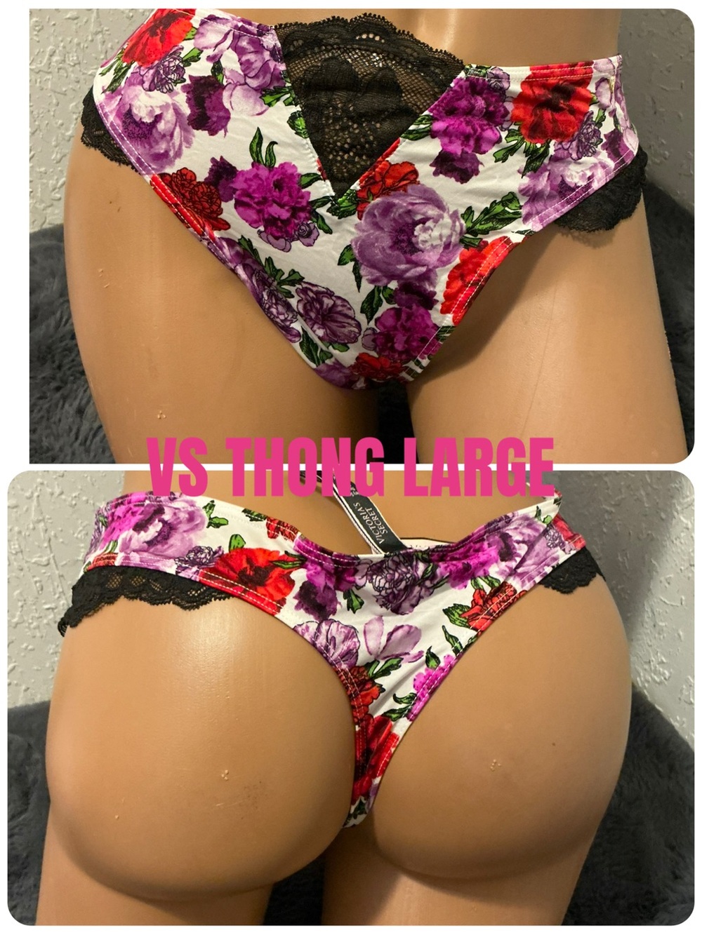 Victoria's Secret Floral Lace Thong - Purple, Red & Black